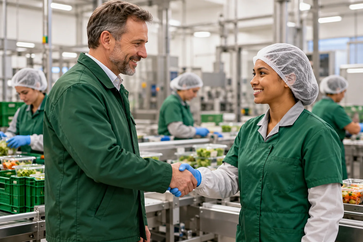 Employer talking to workers in a plant