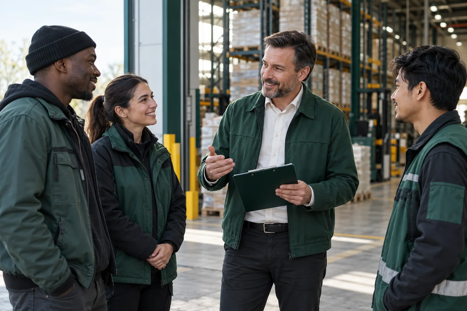 Employer speaking with candidates in a warehouse