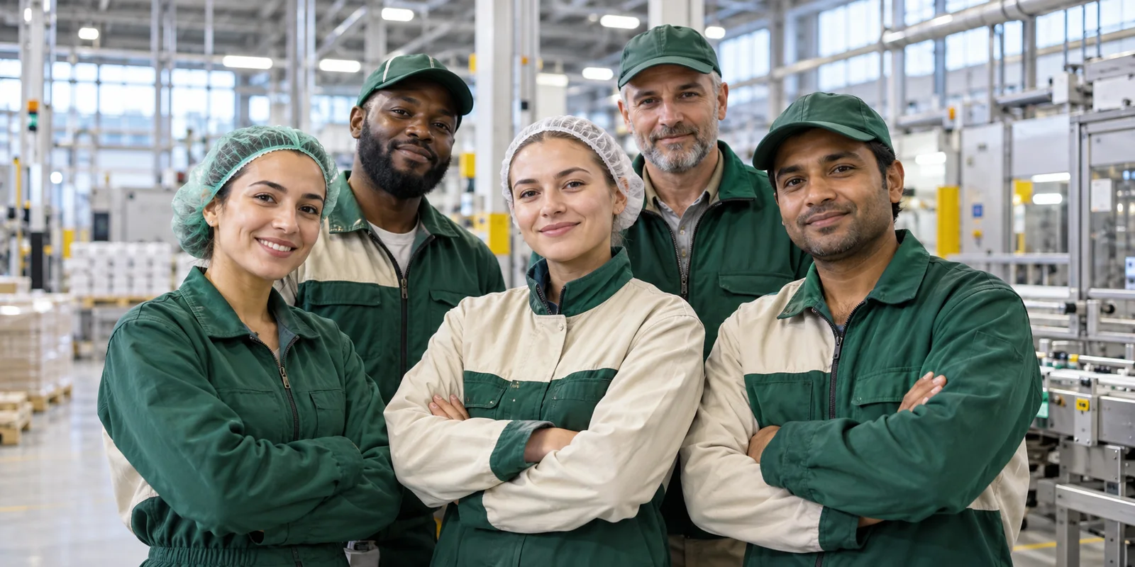 International team in a modern manufacturing facility